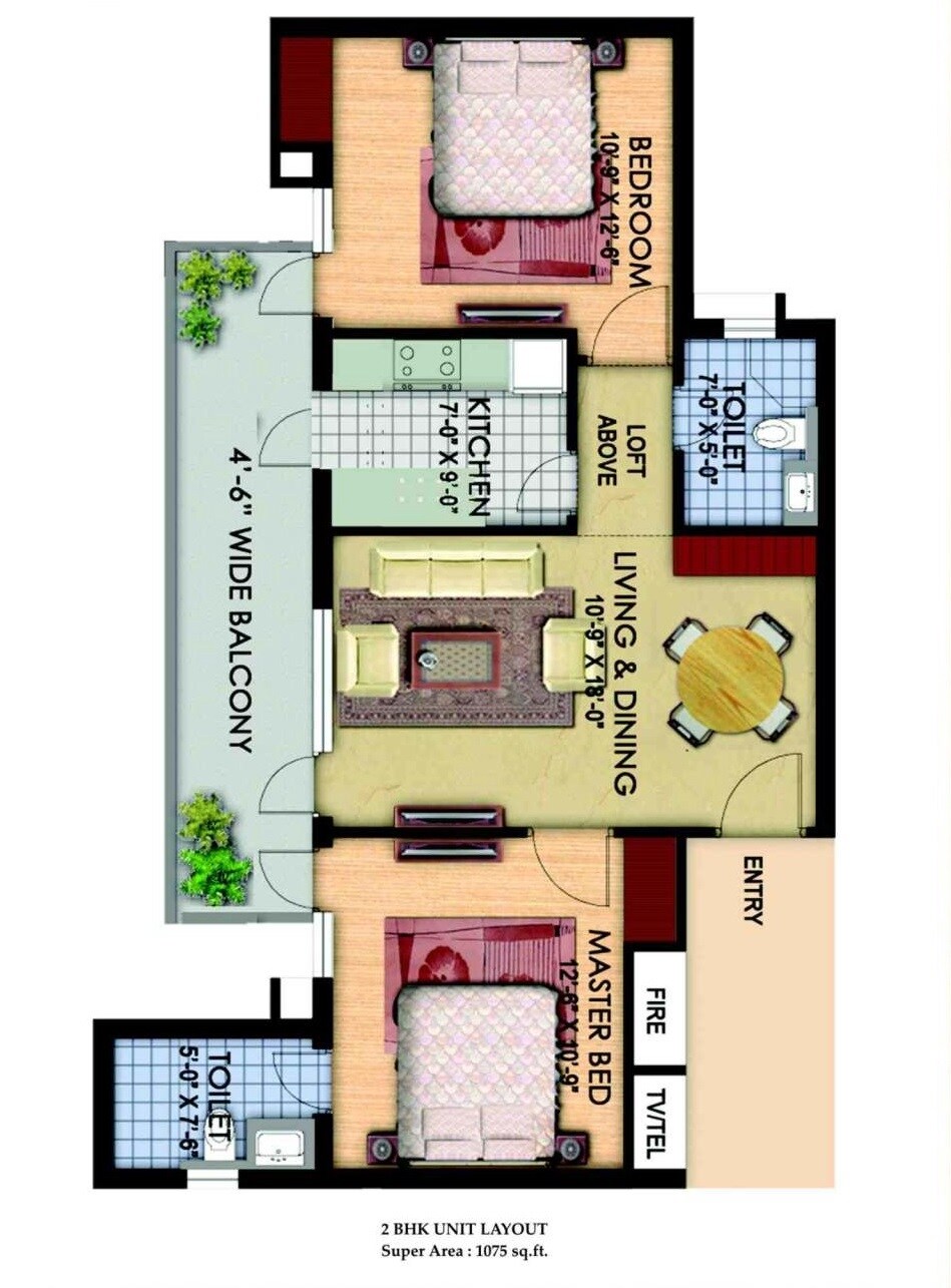 Floor plan of 2 BHK 1075 Sq. Ft. Apartment in Tdi Espania Heights, Sonipat