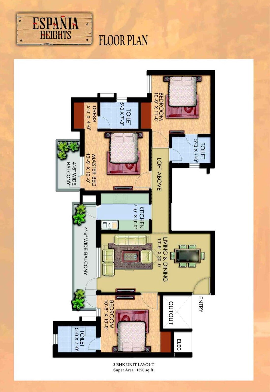 Floor plan of 3 BHK 1390 Sq. Ft. Apartment in Tdi Espania Heights, Sonipat