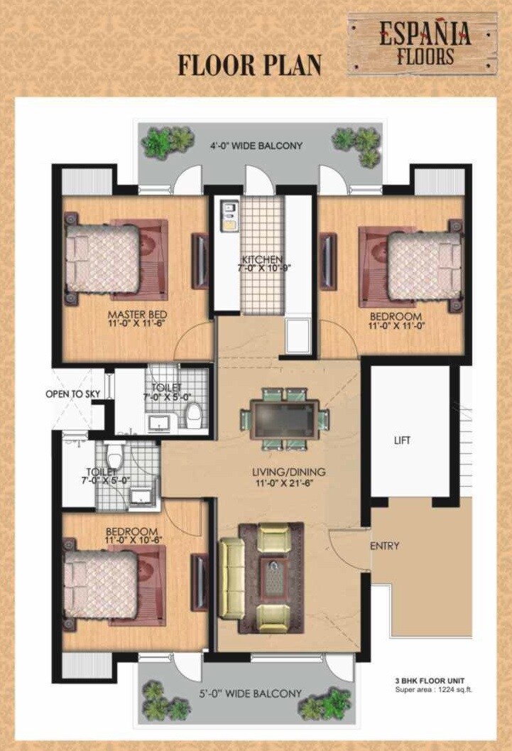 Floor plan of 3 BHK 1224 Sq. Ft. Apartment in Tdi Espania Royal Floor, Sonipat