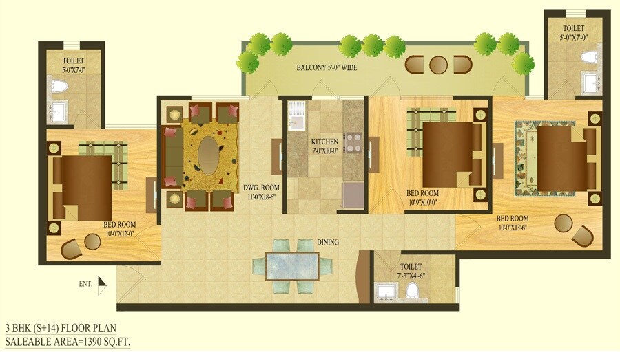 3 BHK 1390 Sq. Ft. Apartment