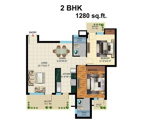 Floor plan of 2 BHK 1280 Sq. Ft. Apartment in Ushay Towers, Sonipat