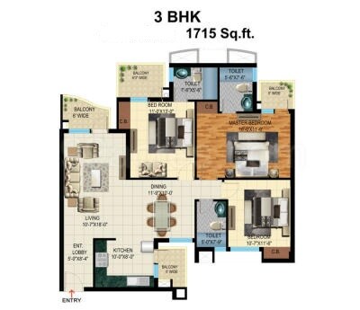 Floor plan of 3 BHK 1715 Sq. Ft. Apartment in Ushay Towers, Sonipat