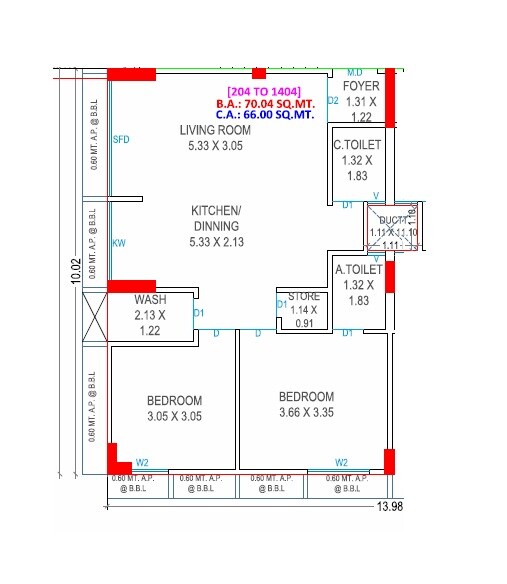 Floor plan of 2 BHK Apartment - 710 sq. ft. in Bhagyalaxmi Green Sky, Surat