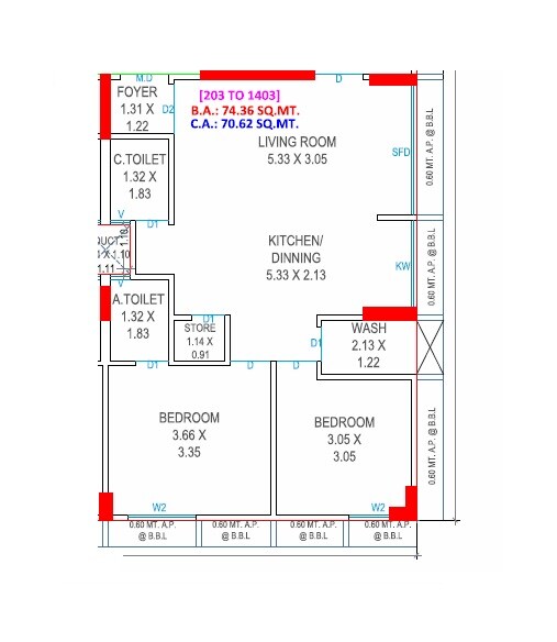 Floor plan of 2 BHK Apartment - 760 sq. ft. in Bhagyalaxmi Green Sky, Surat