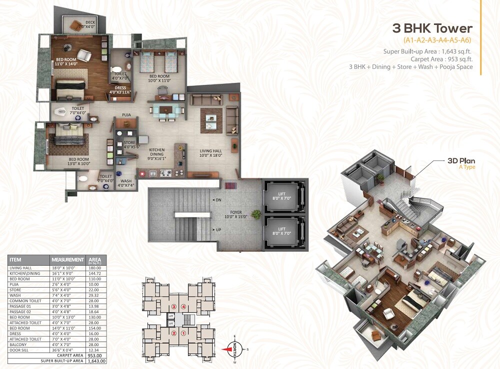 Floor plan of 3 BHK 1643 Sq. Ft. Apartment in Happy Elegance, Surat