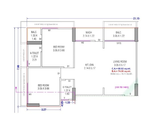 Floor plan of 2 BHK Apartment - 740 sq. ft. in J Eklera Silent Scape, Surat