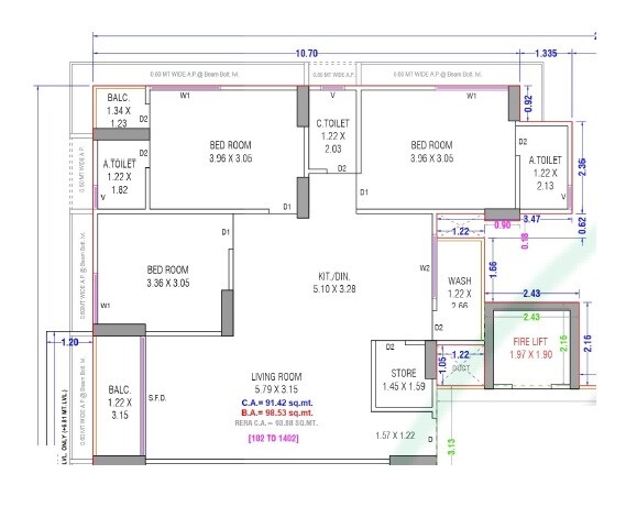 Floor plan of 3 BHK Apartment - 984 sq. ft. in J Eklera Silent Scape, Surat