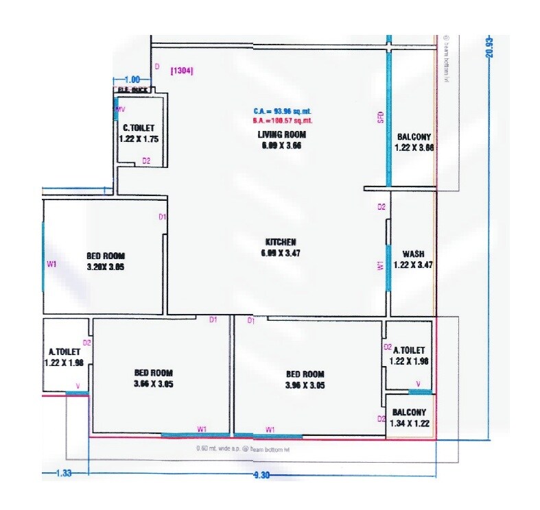 Floor plan of 3 BHK Apartment - 1011 sq. ft. in Karunesh Flora, Surat