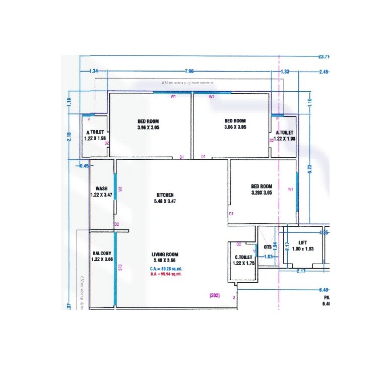 Floor plan of 3 BHK Apartment - 961 sq. ft. in Karunesh Flora, Surat