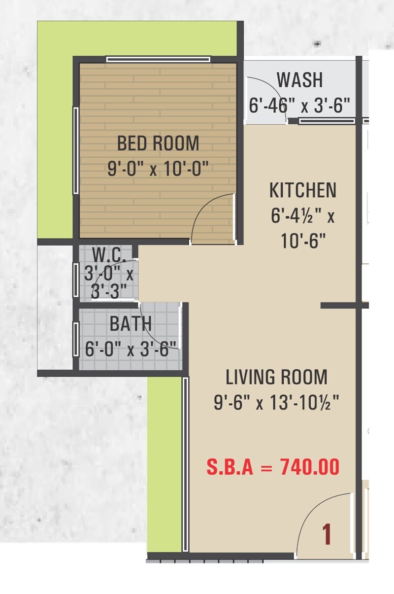 Floor plan of 1 BHK 740 Sq. Ft. Apartment in Nirman Laxmi Heights, Surat