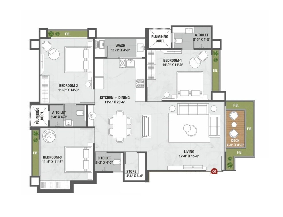 Floor plan of 3 BHK 1128 Sq. Ft. Apartment in Shaligram Vanam, Surat