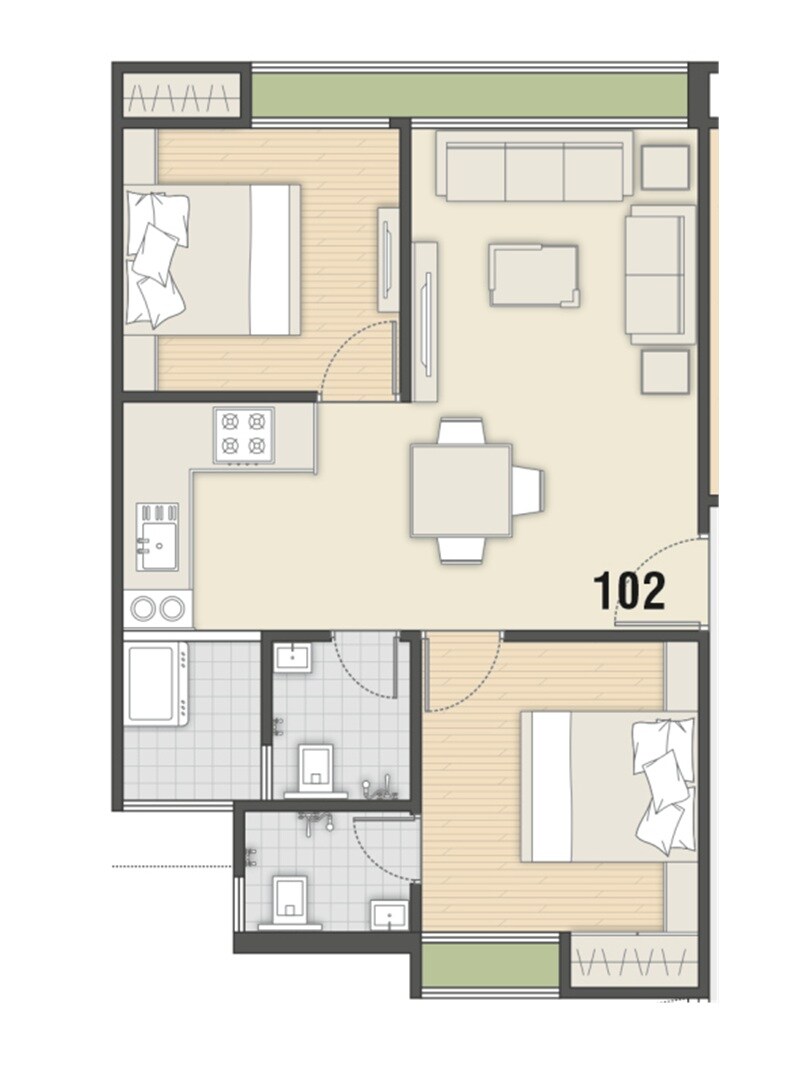 Floor plan of 2 BHK 1050 Sq. Ft. Apartment in Shree Hari Luxuria, Surat