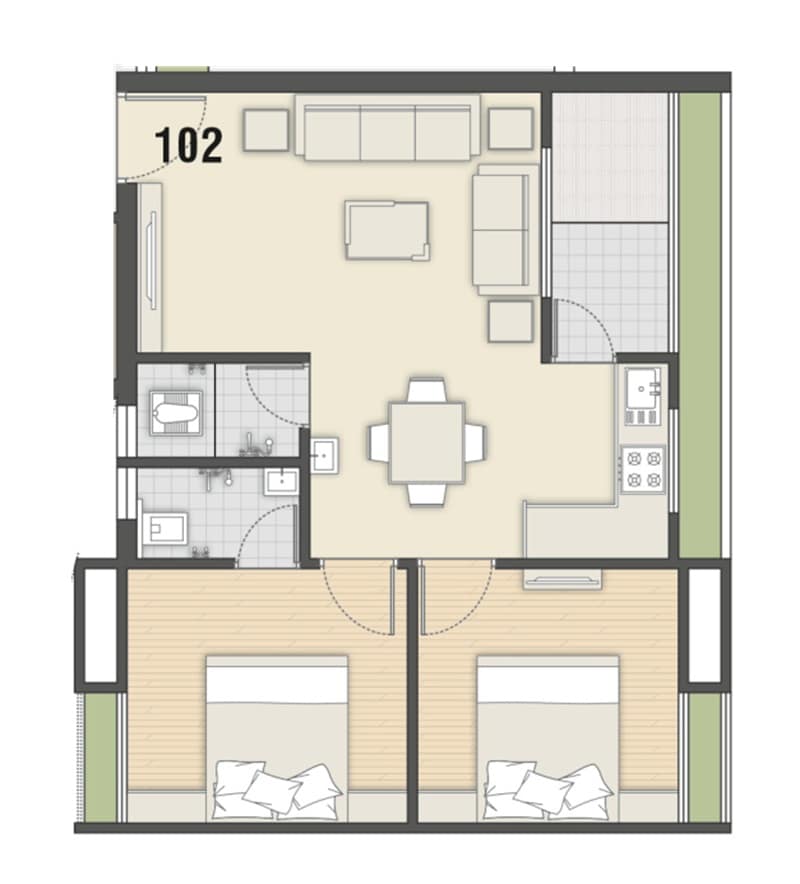 Floor plan of 2 BHK Apartment - 620 sq. ft. in Shree Hari Luxuria, Surat
