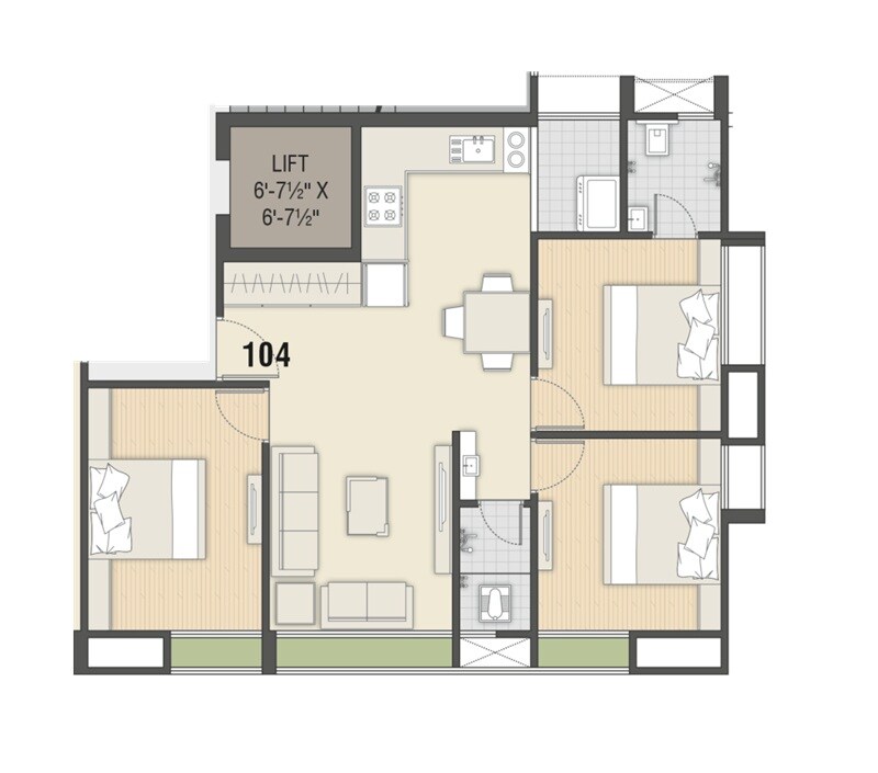Floor plan of 3 BHK Apartment - 764 sq. ft. in Shree Hari Luxuria, Surat