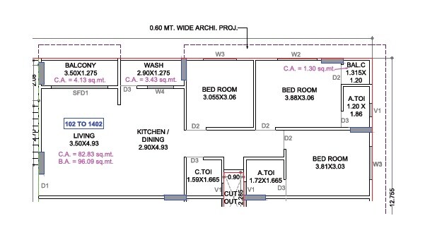 3 BHK 891 Sq. Ft. Apartment