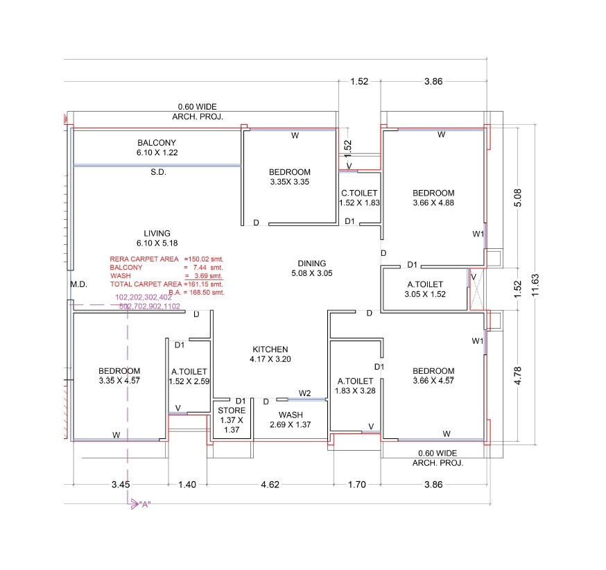 Floor plan of 4 BHK Apartment - 1614 sq. ft. in Shree Sukhdham 24, Surat