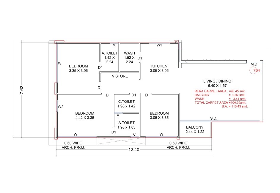 Floor plan of 3 BHK Apartment - 1060 sq. ft. in Shree Sukhdham 44, Surat