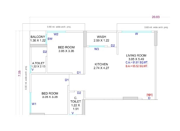 Floor plan of 2 BHK Apartment - 665 sq. ft. in Swastik Pratham Aron, Surat