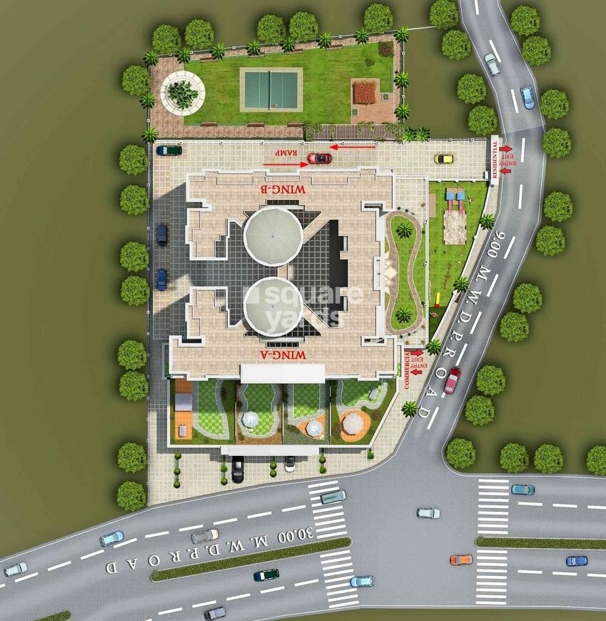 Bhagwati-Skylon_an aerial view of a building with a train on top of it