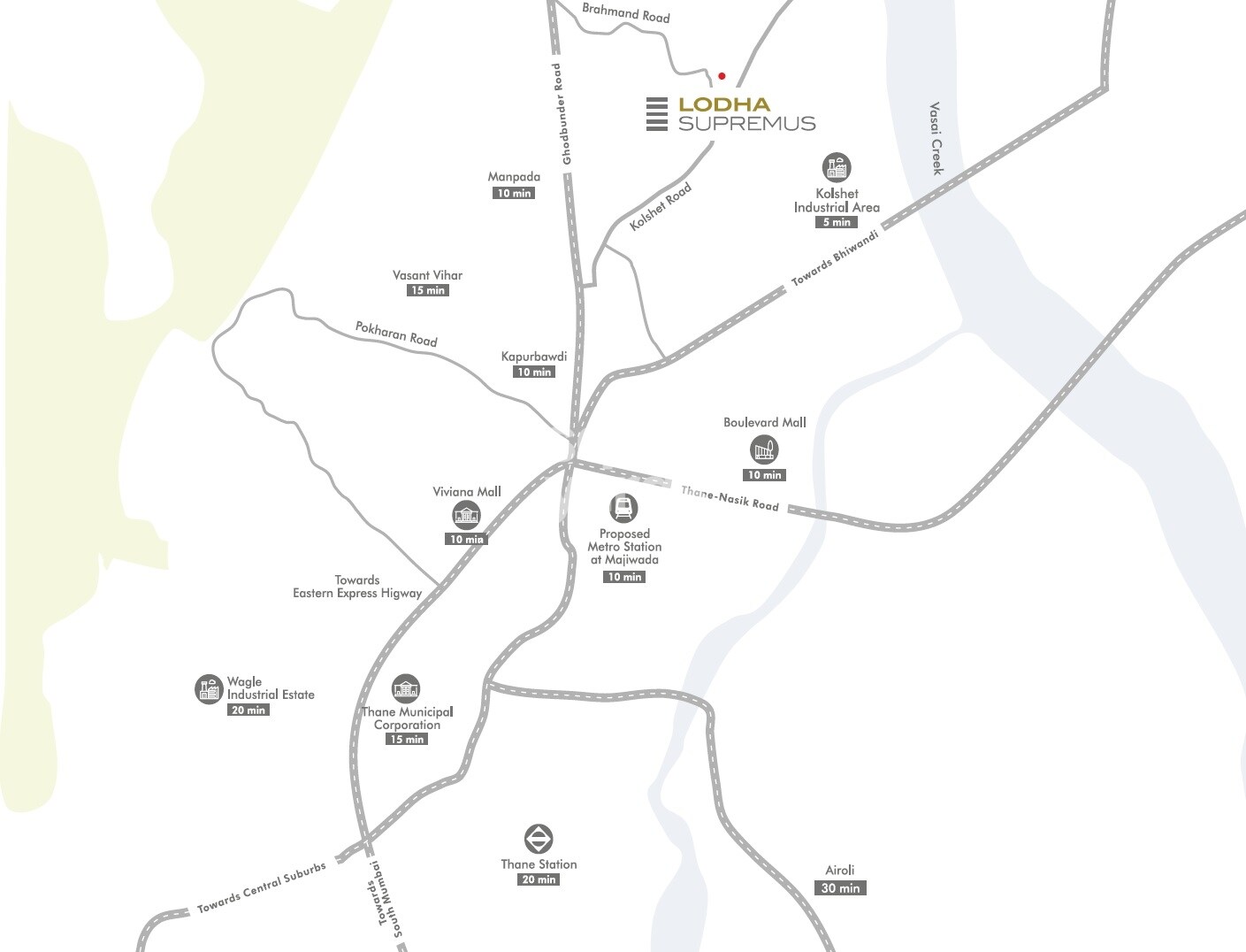 Lodha Supremus Kolshet Road Location Image