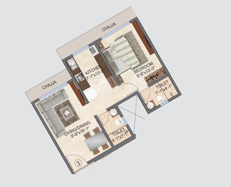 Floor plan of 1 BHK 433 Sq. Ft. Apartment in 127 Raj Homes, Thane