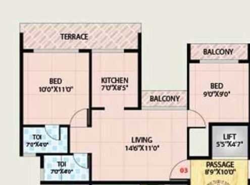 Floor plan of 2 BHK Apartment - 960 sq. ft. in 5P Shiv Shakti, Thane