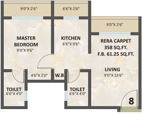 Floor plan of 1 BHK 358 Sq. Ft. Apartment in A H Sapphire, Thane
