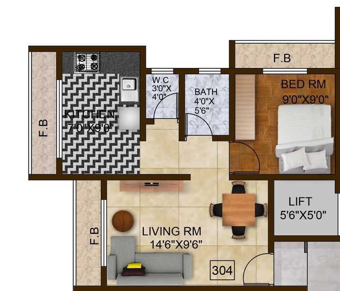 Floor plan of 1 BHK 330 Sq. Ft. Apartment in A J Om Yashraj Homes, Thane