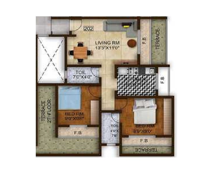 Floor plan of 2 BHK 441 Sq. Ft. Apartment in A J Om Yashraj Homes, Thane