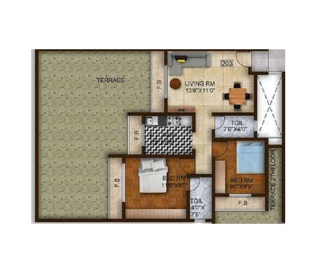 Floor plan of 2 BHK 510 Sq. Ft. Apartment in A J Om Yashraj Homes, Thane