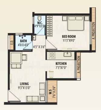 Floor plan of 1 BHK 337 Sq. Ft. Apartment in A Plus Golden Corner, Thane