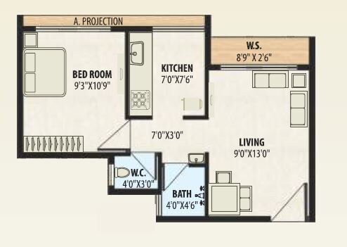 Floor plan of 1 BHK 351 Sq. Ft. Apartment in A Plus Golden Corner, Thane