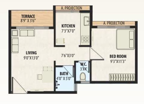 Floor plan of 1 BHK 364 Sq. Ft. Apartment in A Plus Golden Corner, Thane