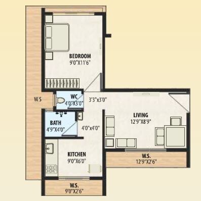 Floor plan of 1 BHK 385 Sq. Ft. Apartment in A Plus Golden Corner, Thane