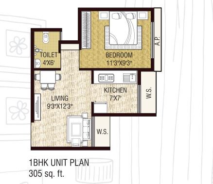 Floor plan of 1 BHK 305 Sq. Ft. Apartment in A Plus Trishul Golden Veda, Thane