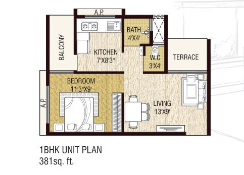 Floor plan of 1 BHK 381 Sq. Ft. Apartment in A Plus Trishul Golden Veda, Thane