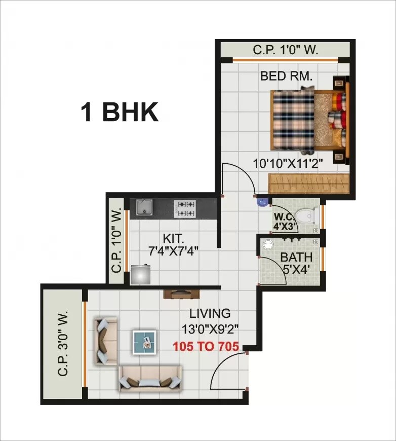 Floor plan of 1 BHK 384 Sq. Ft. Apartment in Aai Ekveera Heights, Thane