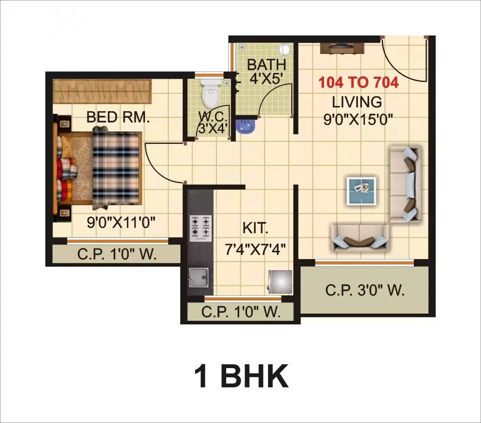 Floor plan of 1 BHK 426 Sq. Ft. Apartment in Aai Ekveera Heights, Thane