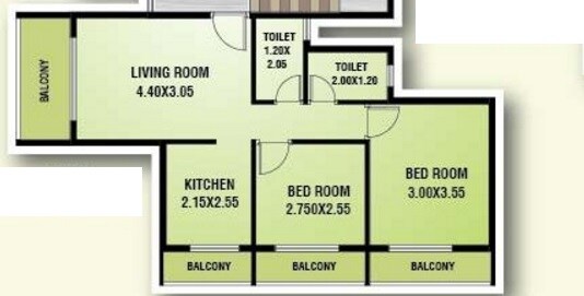 Floor plan of 2 BHK 858 Sq. Ft. Apartment in Aakar Green Village, Thane
