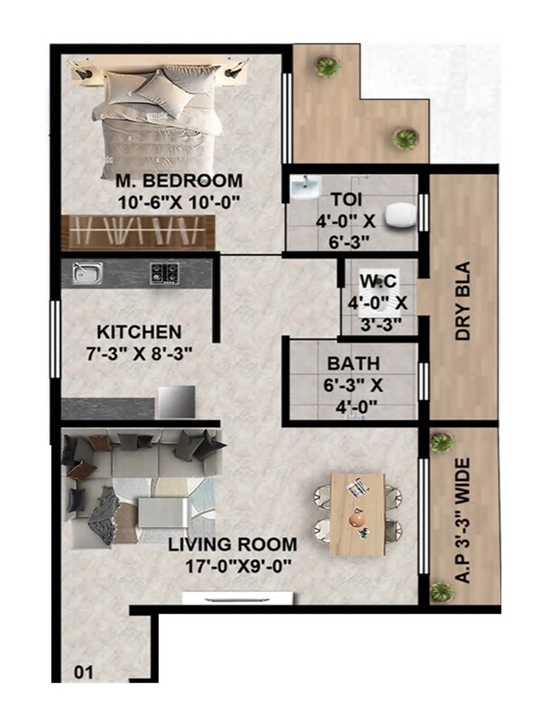 1 BHK 456 Sq. Ft. Apartment