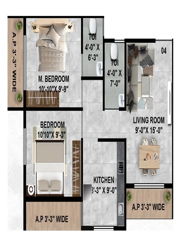 2 BHK 677 Sq. Ft. Apartment