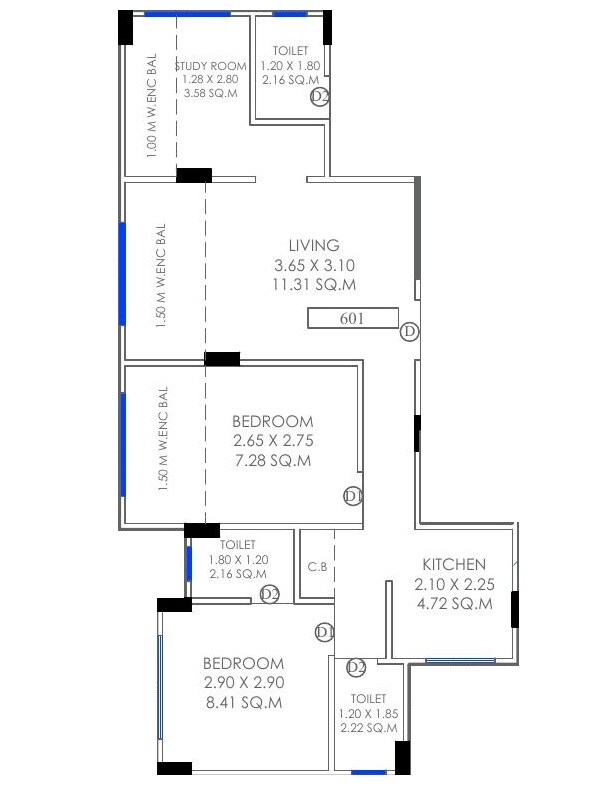 Floor plan of 2 BHK 521 Sq. Ft. Apartment in Aarya Avinya, Thane