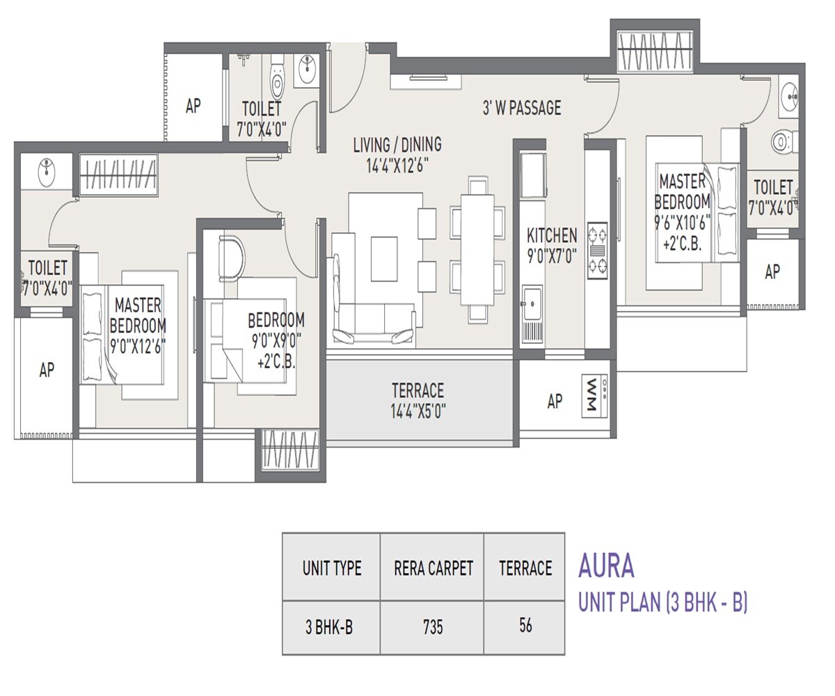 3 BHK 735 Sq. Ft. Apartment