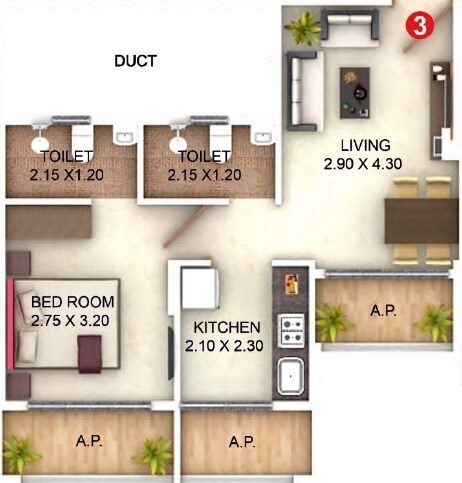 Floor plan of 1 BHK 362 Sq. Ft. Apartment in Abhijeet Vishwjeet Precious Phase I, Thane