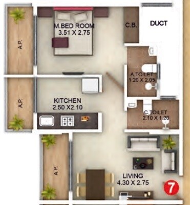 Floor plan of 1 BHK 382 Sq. Ft. Apartment in Abhijeet Vishwjeet Precious Phase I, Thane