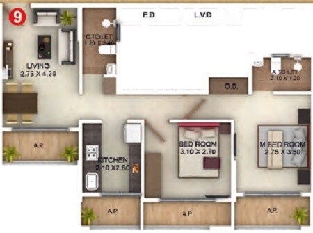 Floor plan of 2 BHK 549 Sq. Ft. Apartment in Abhijeet Vishwjeet Precious Phase I, Thane