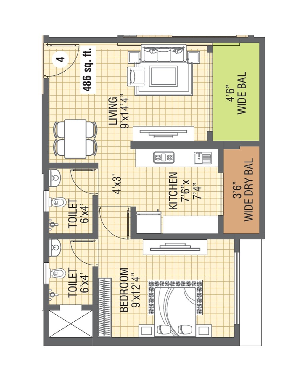 Floor plan of 1 BHK 486 Sq. Ft. Apartment in Abhilasha The Nilaya, Thane