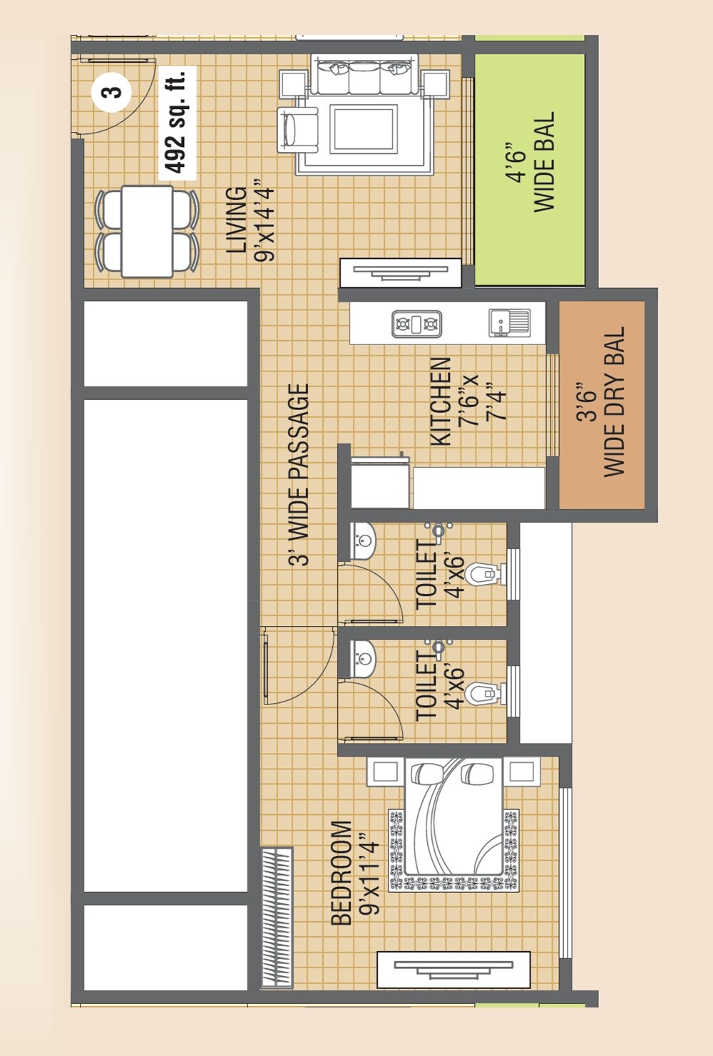 Floor plan of 1 BHK 492 Sq. Ft. Apartment in Abhilasha The Nilaya, Thane