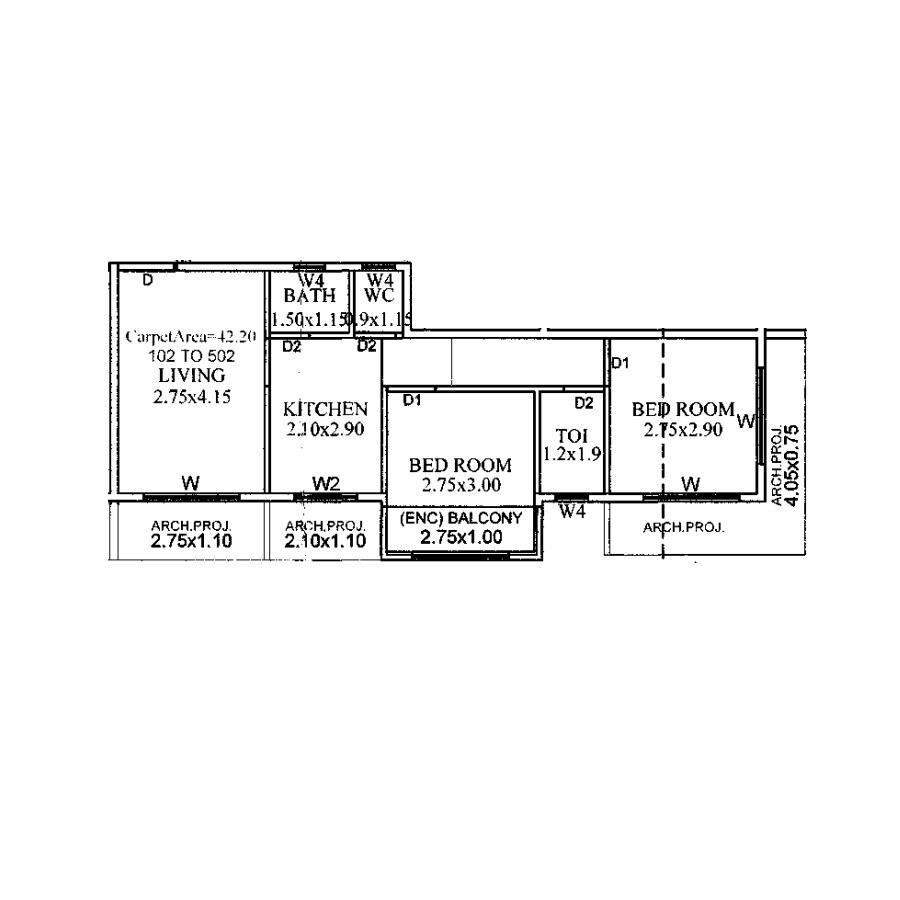 Floor plan of 2 BHK 454 Sq. Ft. Apartment in Abhishek City Pride NX, Thane