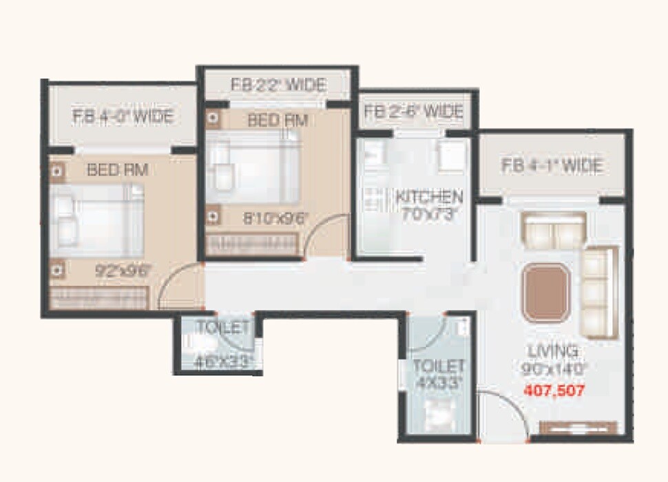 Floor plan of 2 BHK 561 Sq. Ft. Apartment in Abhishek Shrihari Chandan Apartments, Thane
